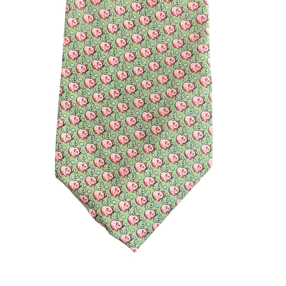 Vineyard Vines Mens Silk Tie Green Pink Piggy Bank Fidelity Capital Markets 59"